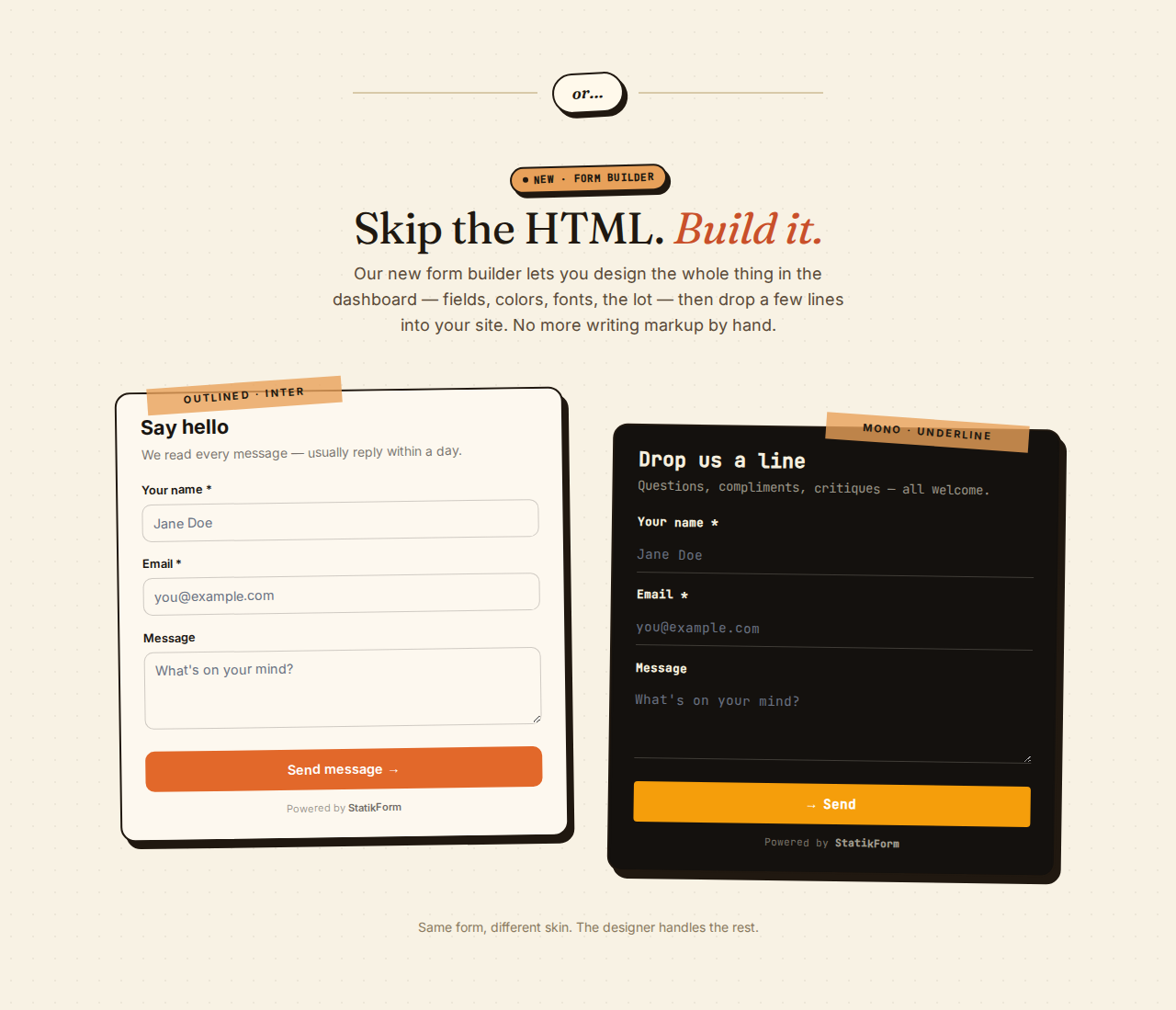 Statik Form form builder with two styled examples