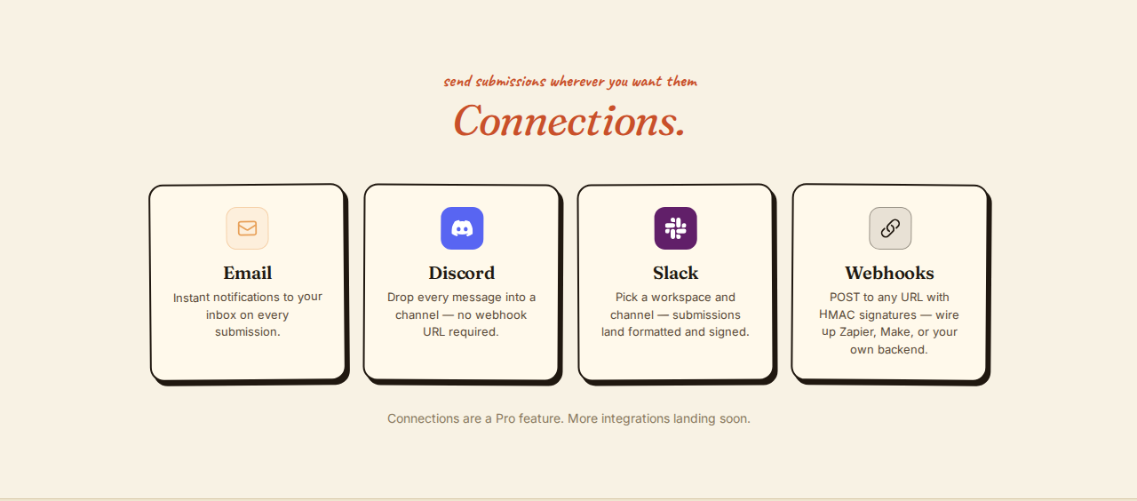 Connection options: Email, Discord, Slack, Webhooks
